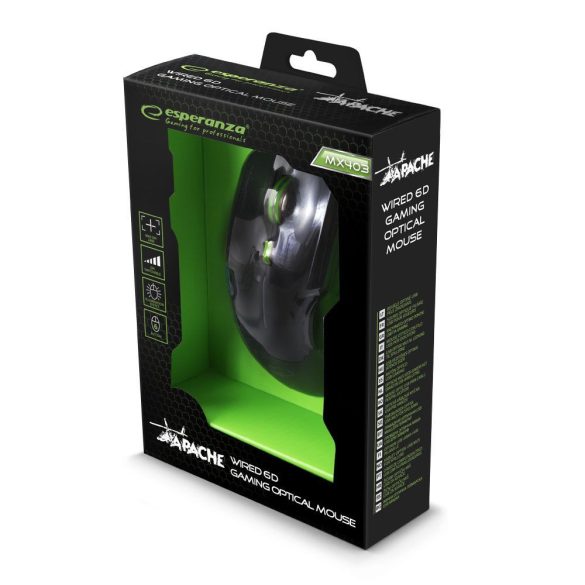Esperanza Vezetékes gamer egér 6D optikai USB MX403 APACHE Zöld